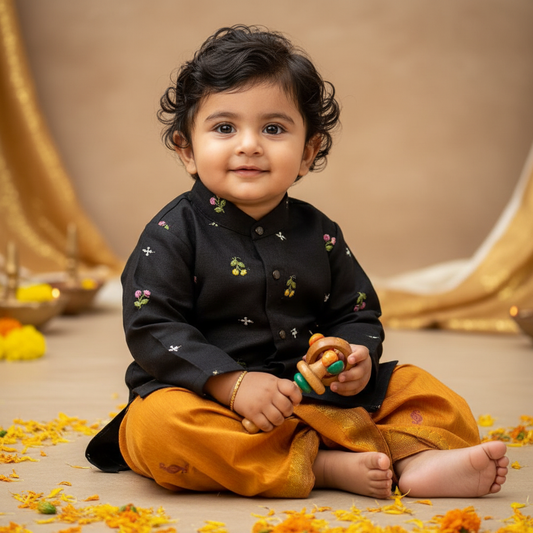 Pure Linen Black with Mustard yellow Kurta Dhoti for baby boy