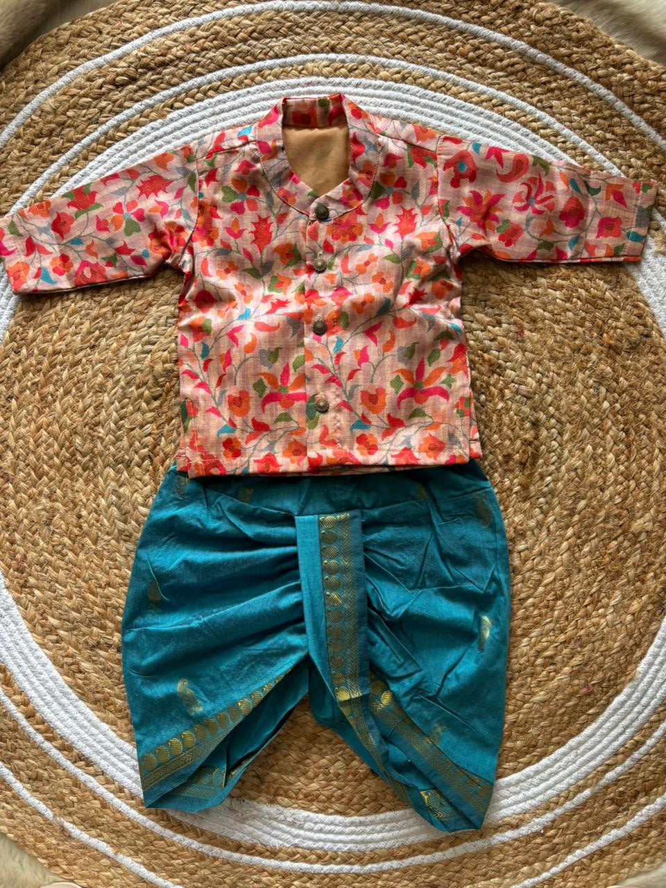 Traditional Indian Multi floral Autumn with Sky Blue kurta dhoti baby boy ethnic wear