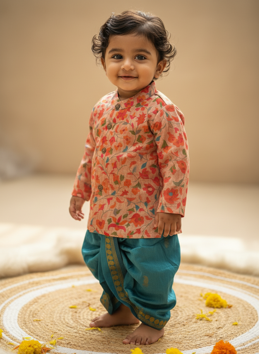 Traditional Indian Multi floral Autumn with Sky Blue kurta dhoti baby boy ethnic wear