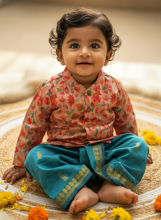 Traditional Indian Multi floral Autumn with Sky Blue kurta dhoti baby boy ethnic wear