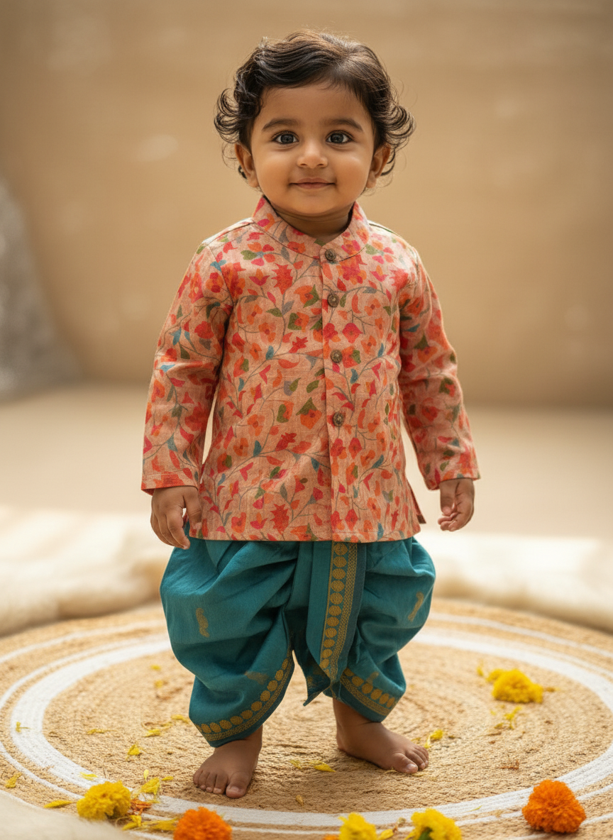 Traditional Indian Multi floral Autumn with Sky Blue kurta dhoti baby boy ethnic wear