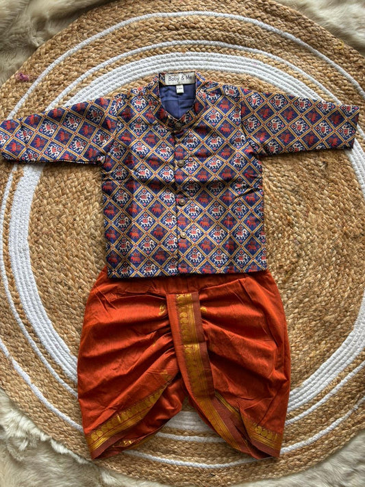 Traditional Indian Patola Style Navy blue and frutiy Orange Silk Dhoti Kurta for Boy | Ethnic wear for baby boy