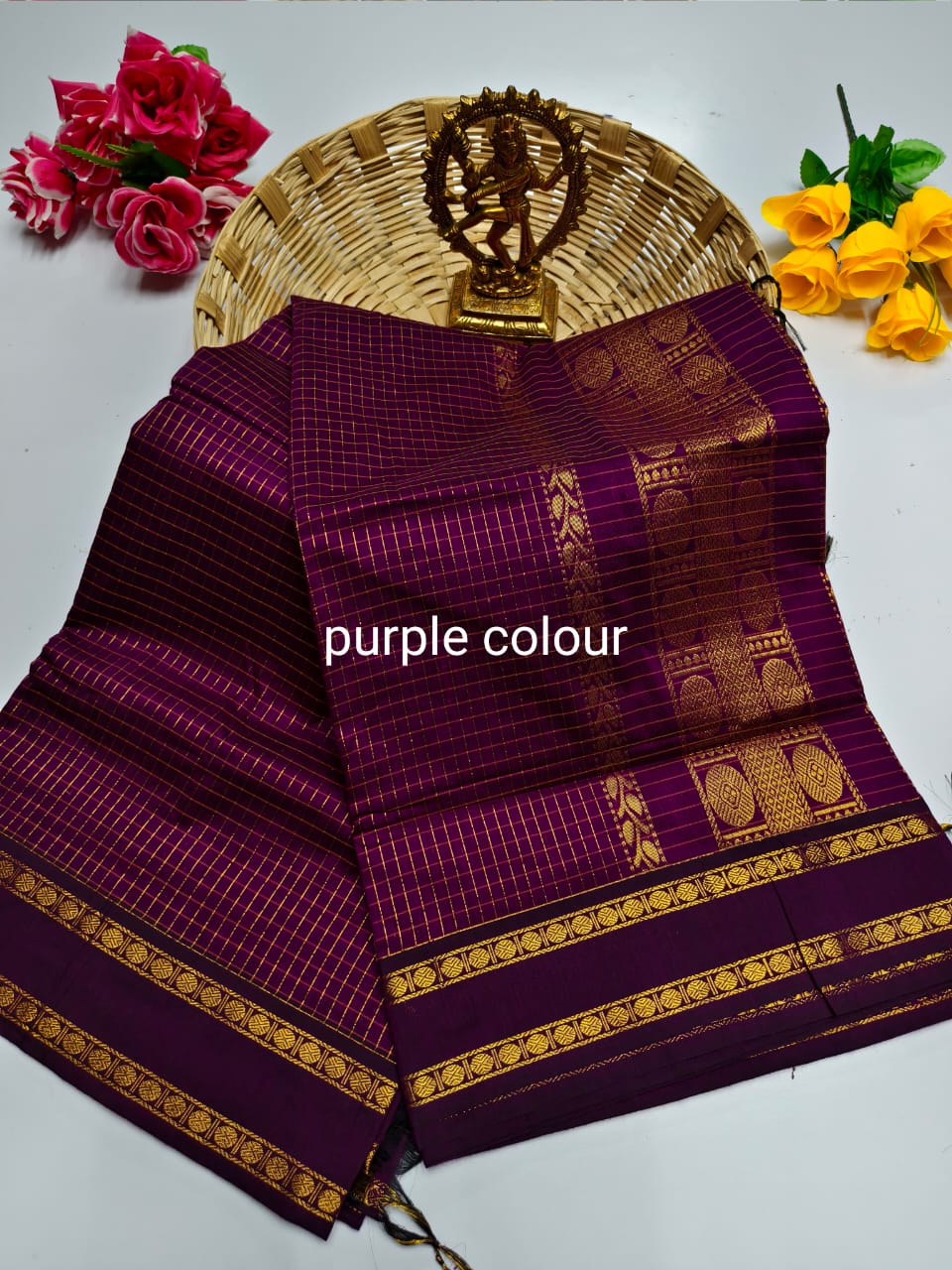 Wine - Premium Checked Cotton Silk Saree with Contrast Blouse
