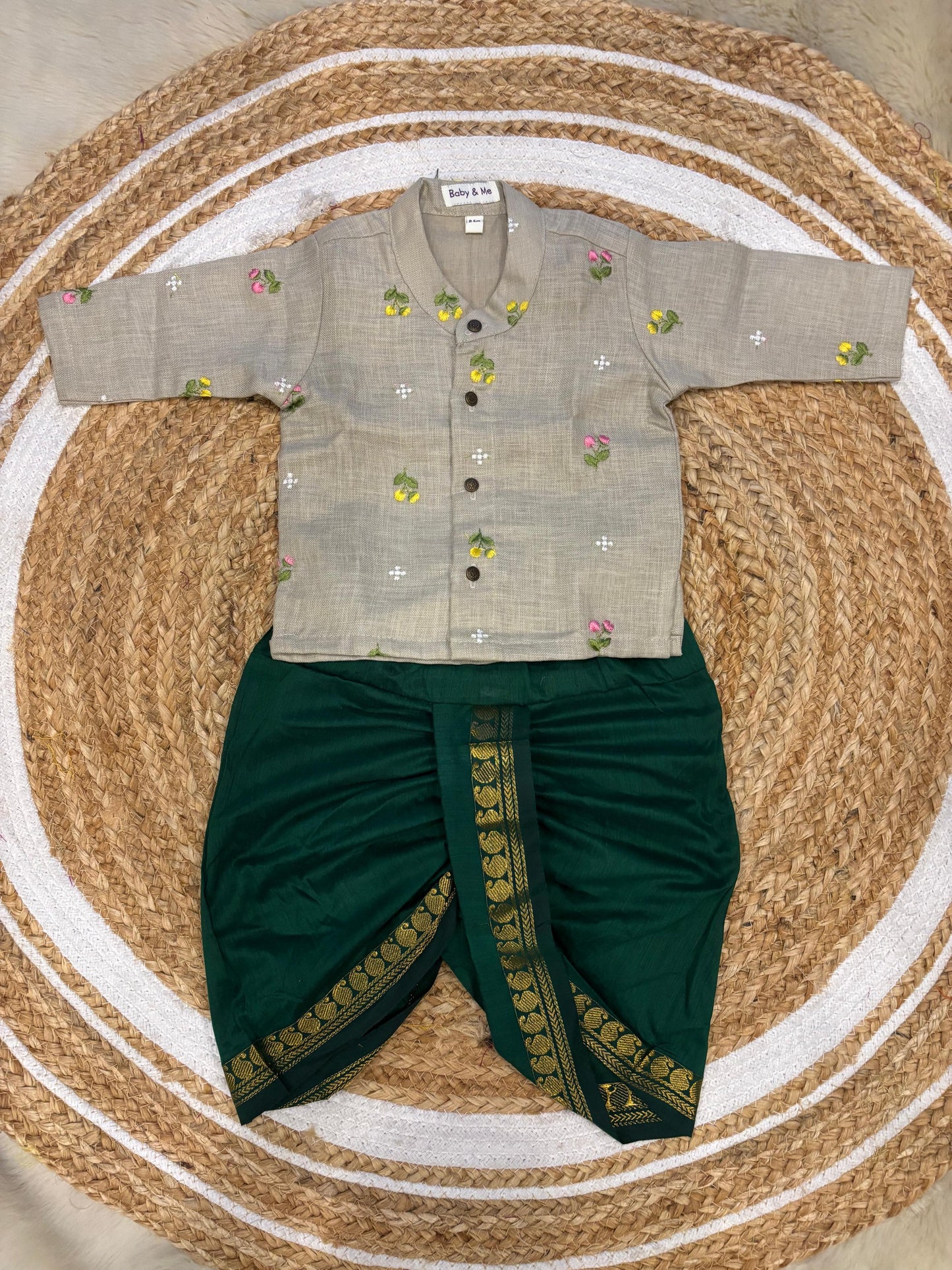 Pure Linen Light Grey with Bottle green Kurta Dhoti for baby boy