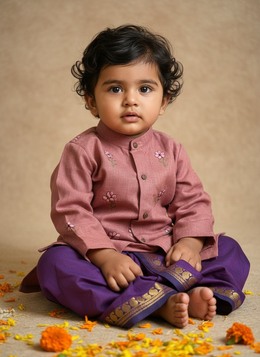 Pastel pink Linen and wine Kurta dhoti for baby boy