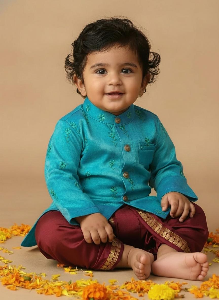 Pure Linen Light blue with maroon Kurta Dhoti for baby boy