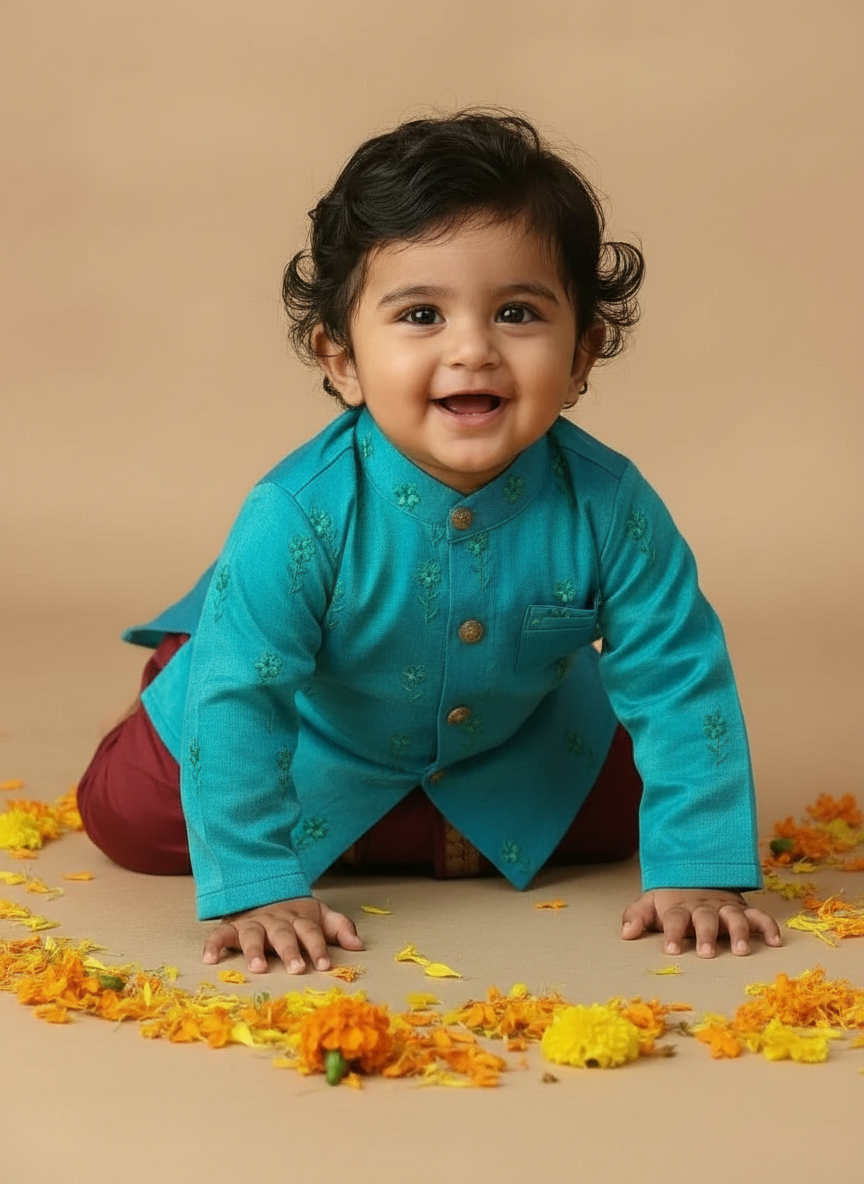 Pure Linen Light blue with maroon Kurta Dhoti for baby boy