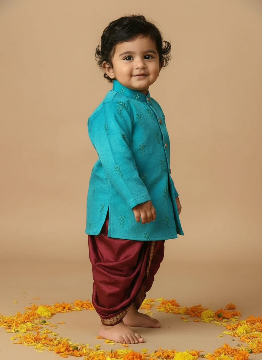 Pure Linen Light blue with maroon Kurta Dhoti for baby boy