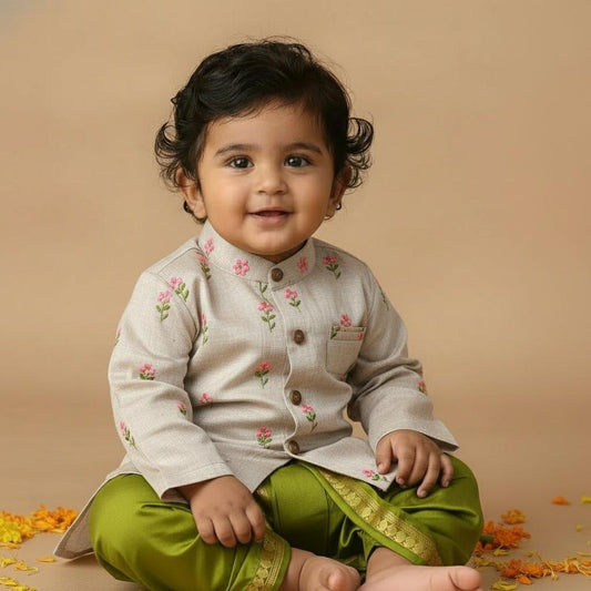 Pure Linen Light grey with green Kurta Dhoti for baby boy