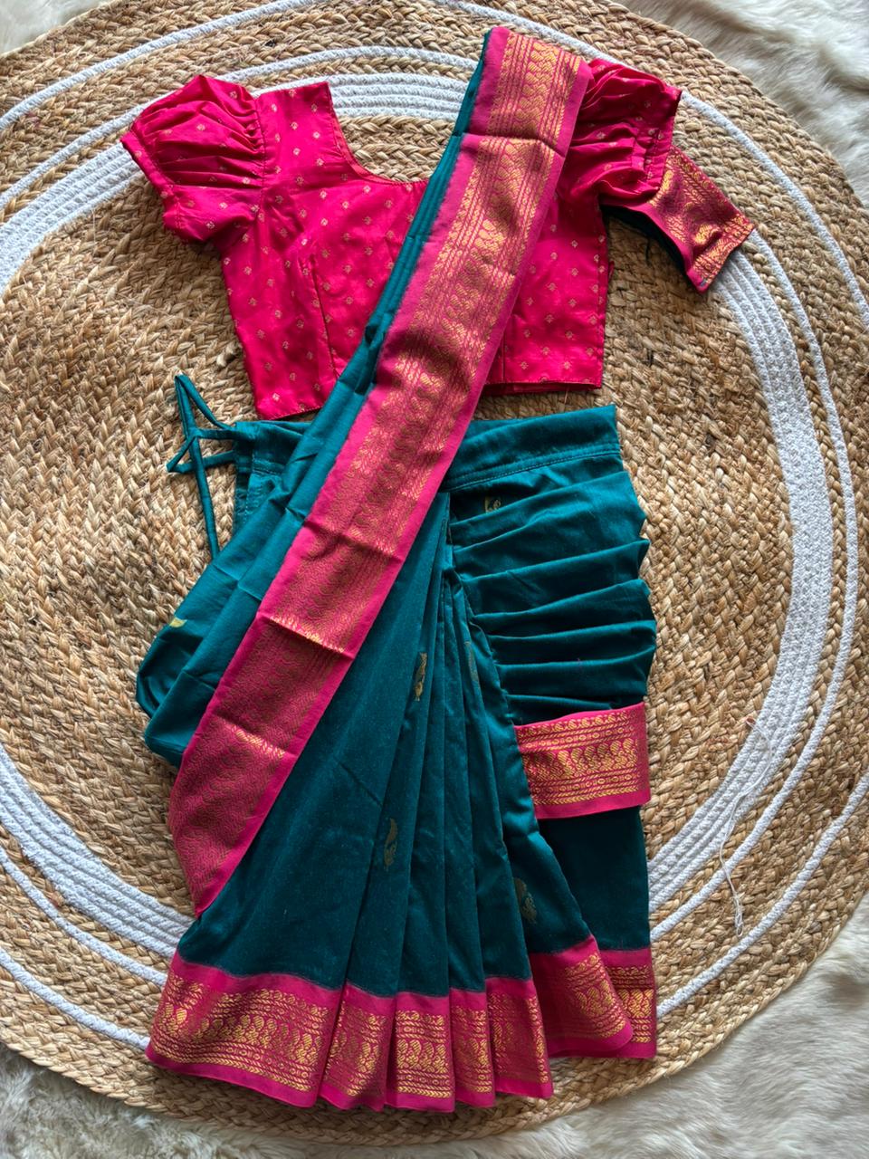 Peacock green and pink - Ready to wear saree for kids Ethnic wear for baby girl