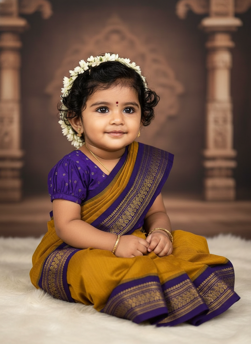 Mustard yellow and purple  - Ready to wear saree for kids Ethnic wear for baby girl