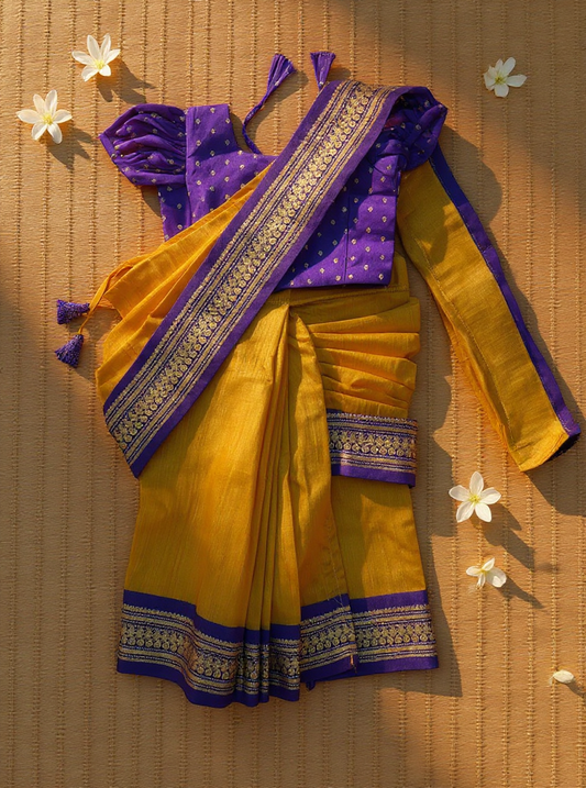 Mustard yellow and purple  - Ready to wear saree for kids Ethnic wear for baby girl