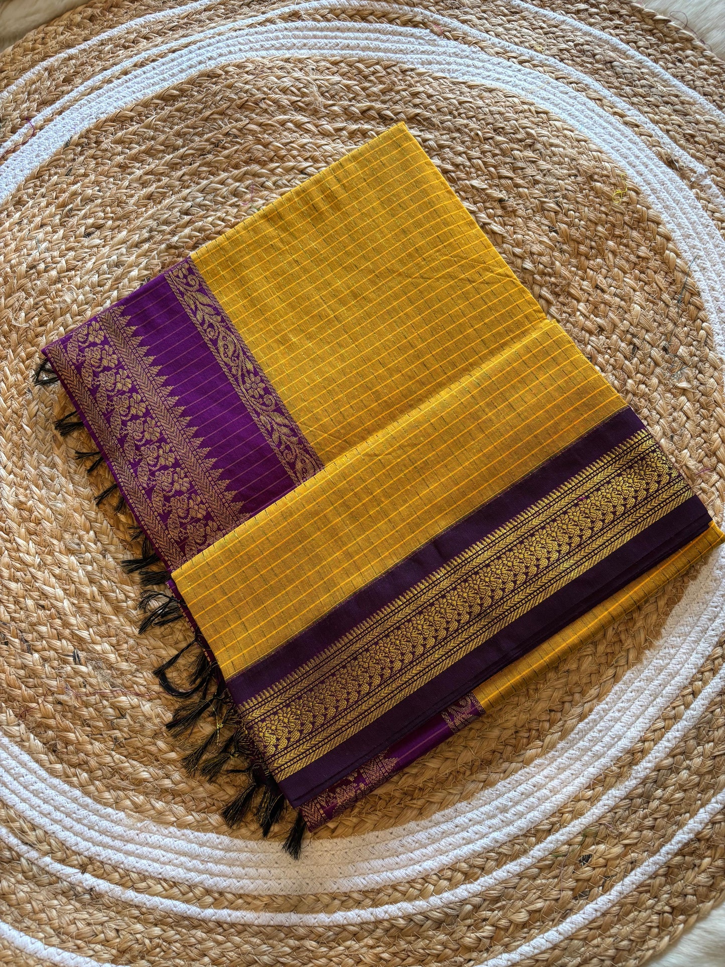Turmeric yellow with wine border with zari work - Premium checks Cotton Silk Saree with Contrast Blouse