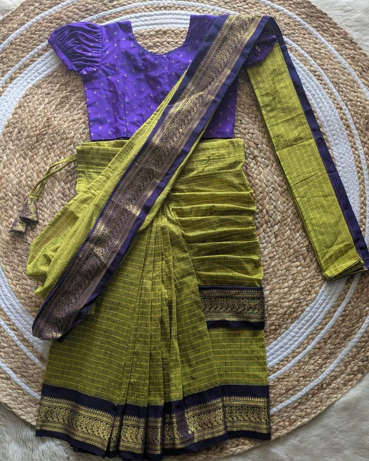 Lime green with purple checks - Ready to wear saree for kids Ethnic wear for baby girl