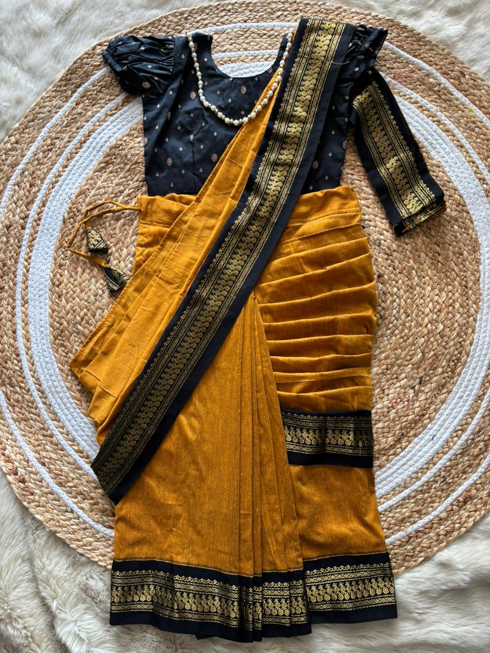 turmeric yellow with black - Ready to wear saree for kids Ethnic wear for baby girl