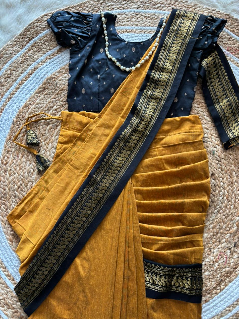 turmeric yellow with black - Ready to wear saree for kids Ethnic wear for baby girl