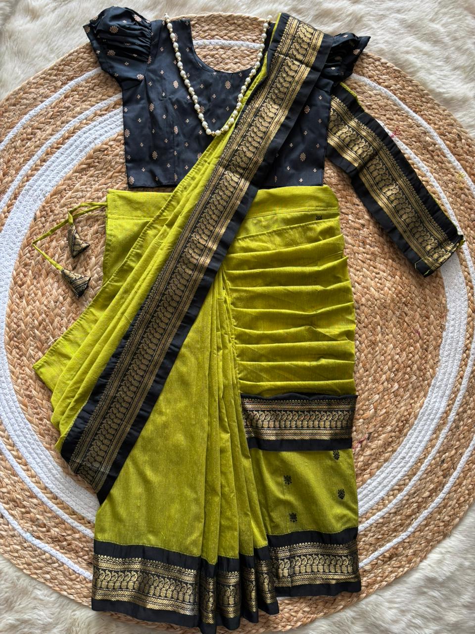 lime green with black - Ready to wear saree for kids Ethnic wear for baby girl
