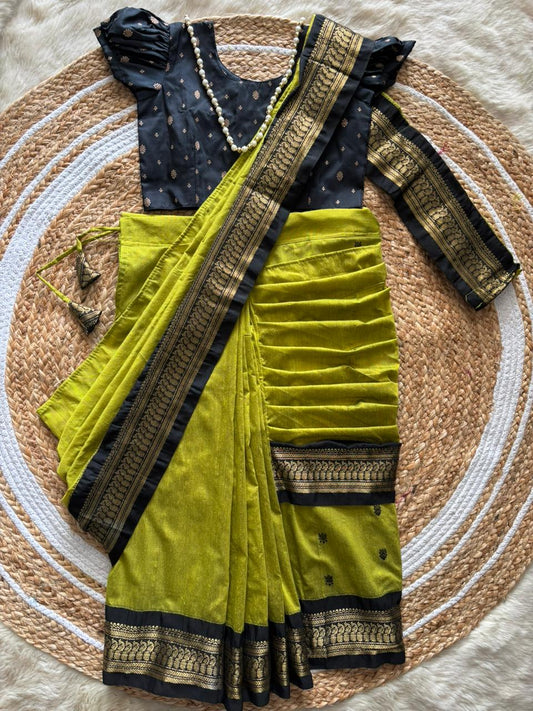 lime green with black - Ready to wear saree for kids Ethnic wear for baby girl
