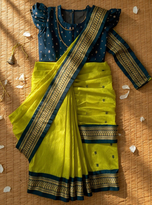 lime green with black - Ready to wear saree for kids Ethnic wear for baby girl