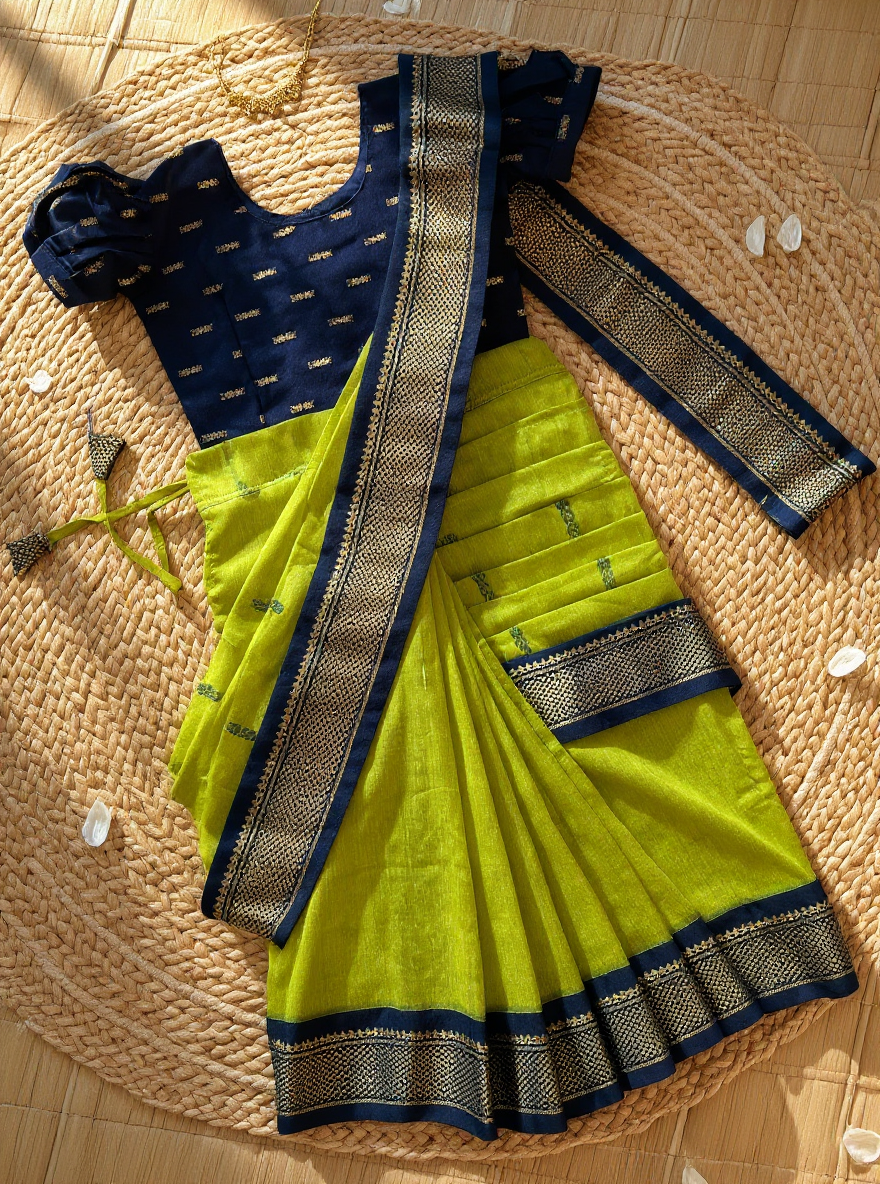 Lime green and navy blue  - Ready to wear muttukattam saree for kids Ethnic wear for baby girl