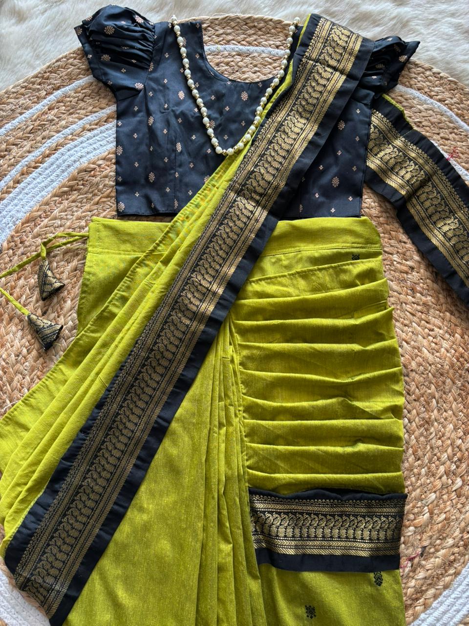 lime green with black - Ready to wear saree for kids Ethnic wear for baby girl