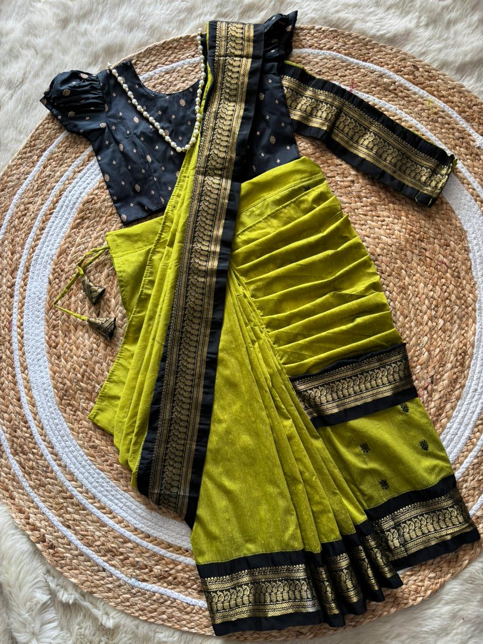 lime green with black - Ready to wear saree for kids Ethnic wear for baby girl