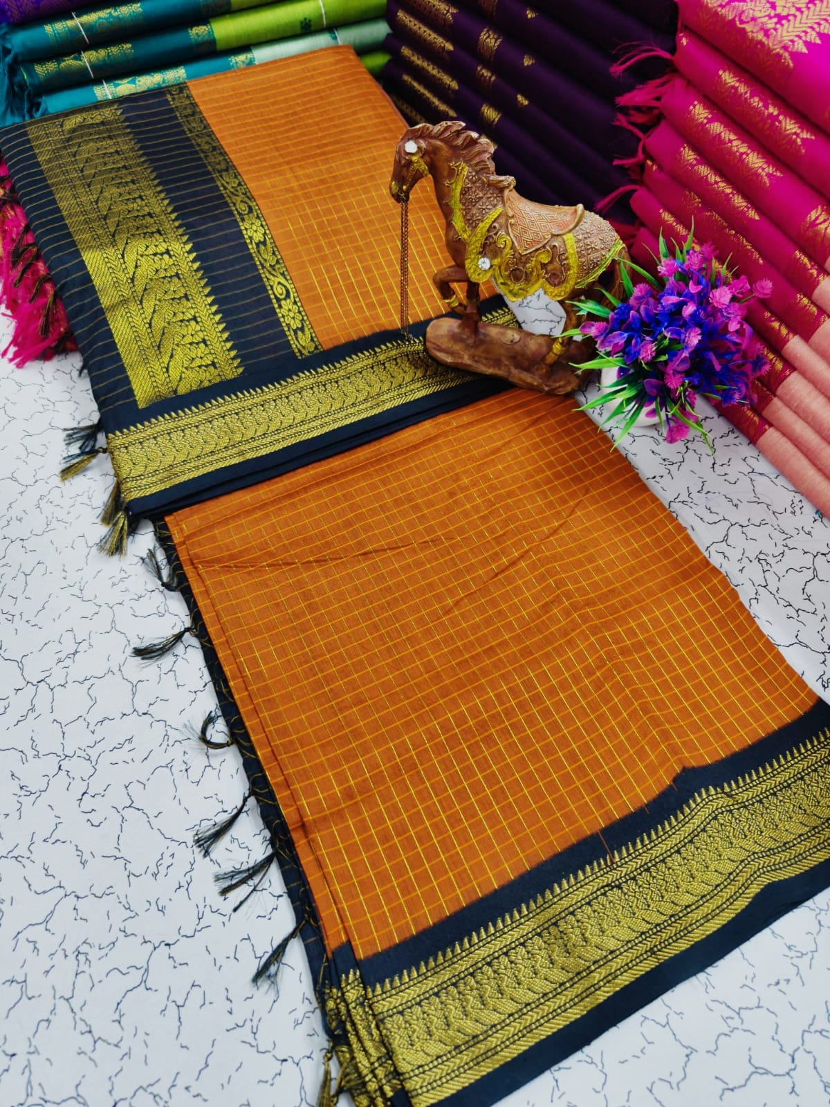 Orange with Navy Blue border with zari work - Premium checks Cotton Silk Saree with Contrast Blouse