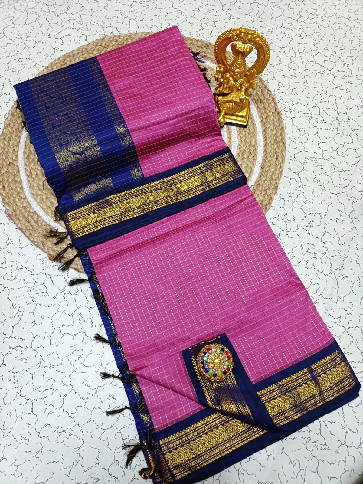 Pink with blue  checks saree  - Premium Cotton Silk Saree with Contrast Blouse