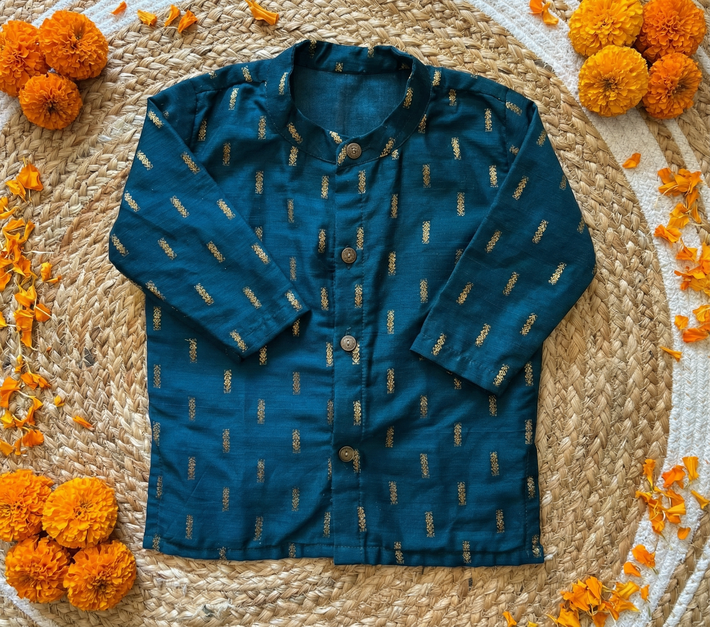 Ancient blue zari weave cotton Silk Slub Kurta | Baby Boy Ethnic Wear