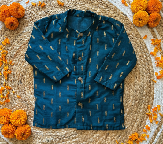 Ancient blue zari weave cotton Silk Slub Kurta | Baby Boy Ethnic Wear