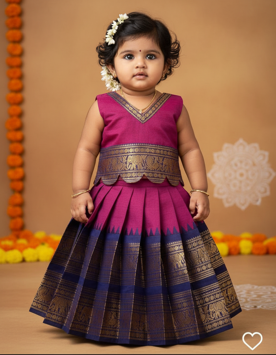 Traditional langa blouse Magenta with blue pure kanchi cotton weave for baby girl