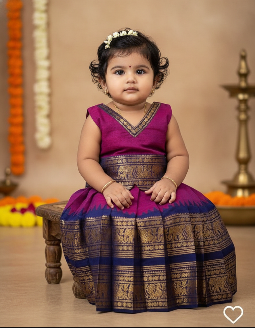 Traditional langa blouse Magenta with blue pure kanchi cotton weave for baby girl
