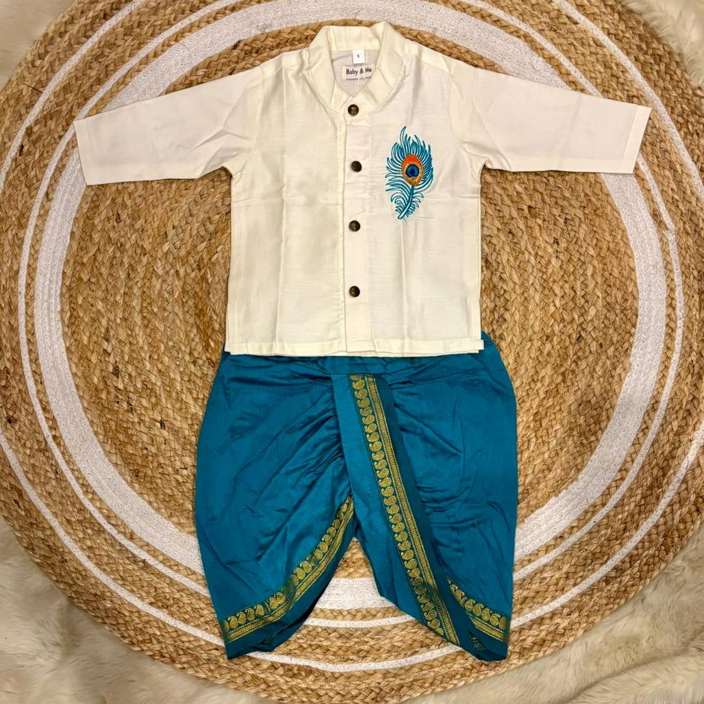 Baby Boy Krishna Dress - White and Sky blue feather embroidered kurta dhoti ethnic dress for baby boy