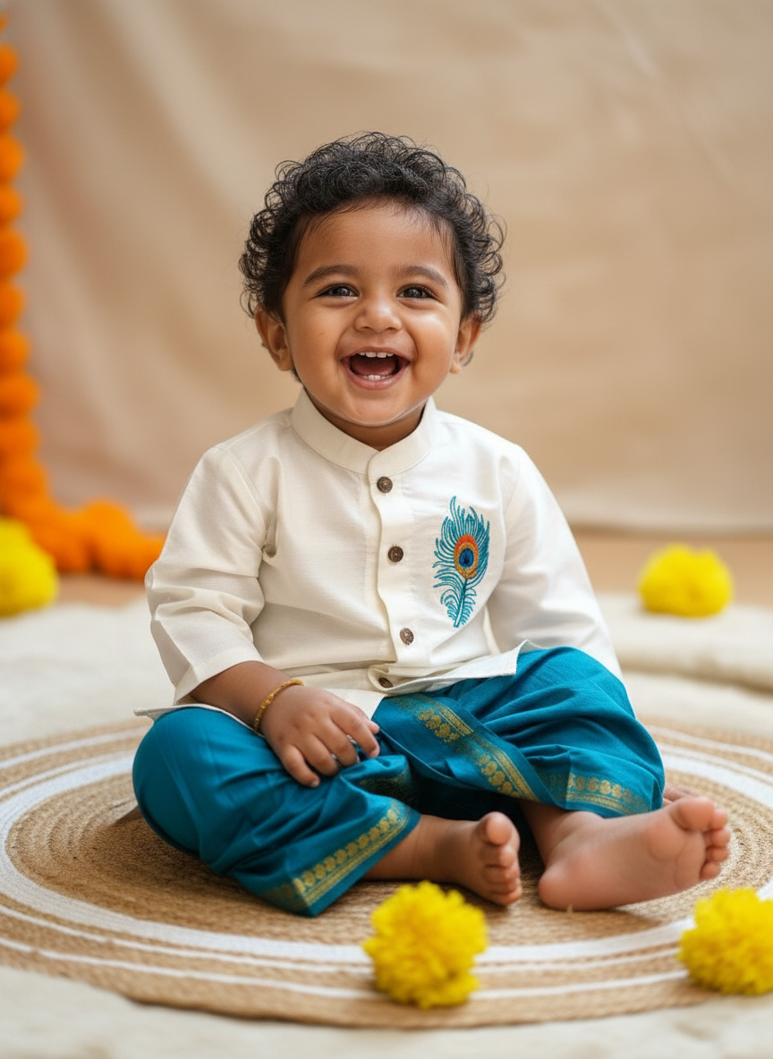 Baby Boy Krishna Dress - White and Sky blue feather embroidered kurta dhoti ethnic dress for baby boy