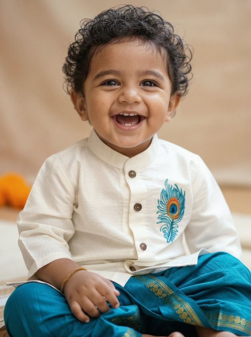 Baby Boy Krishna Dress - White and Sky blue feather embroidered kurta dhoti ethnic dress for baby boy