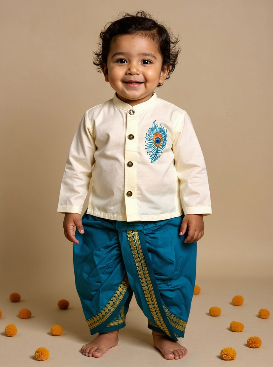 Baby Boy Krishna Dress - White and Sky blue feather embroidered kurta dhoti ethnic dress for baby boy