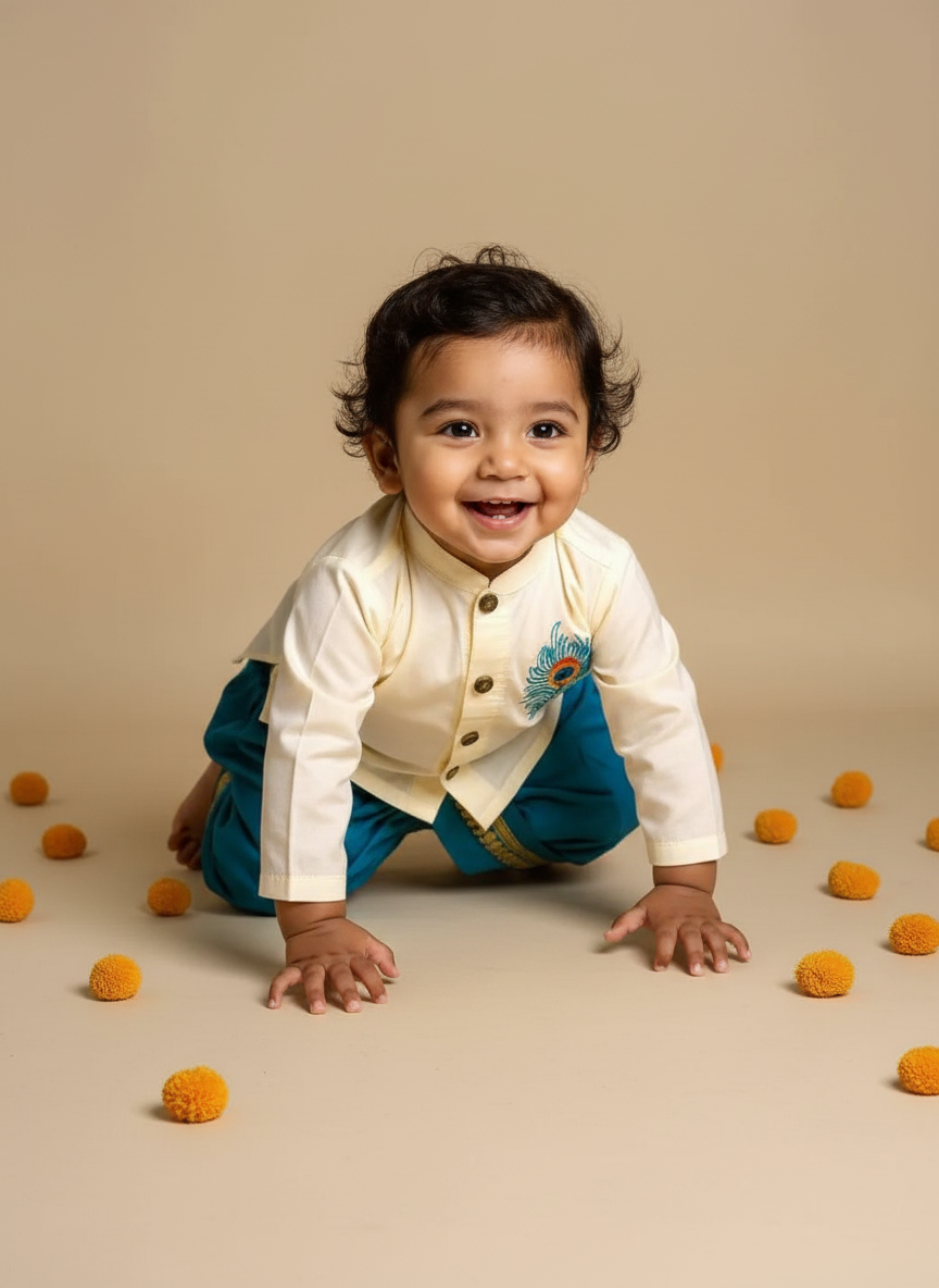 Baby Boy Krishna Dress - White and Sky blue feather embroidered kurta dhoti ethnic dress for baby boy