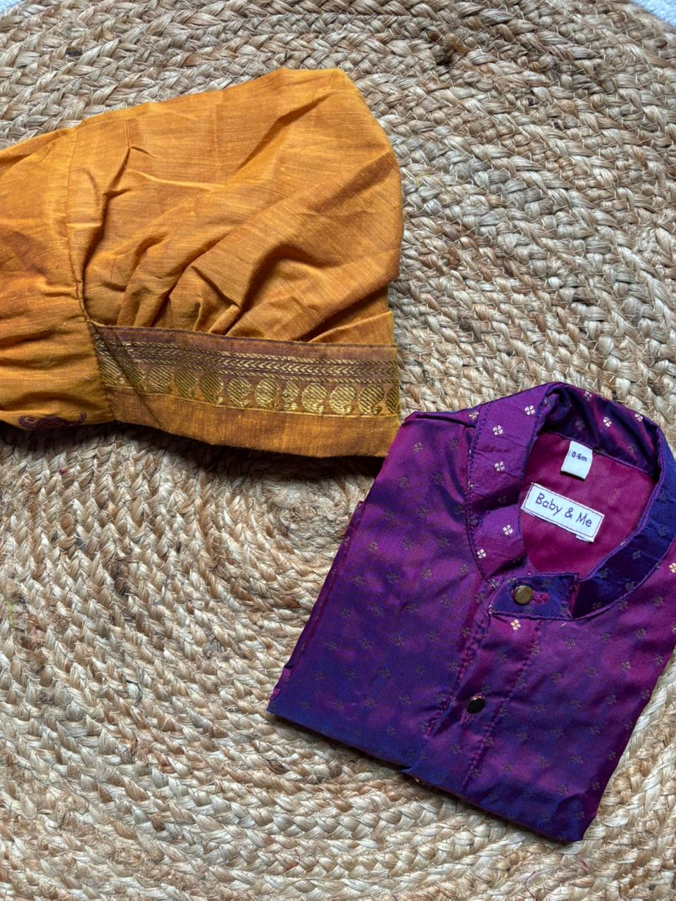 Wine and Mustard yellow traditional weave south Indian ethnic wear for baby boy