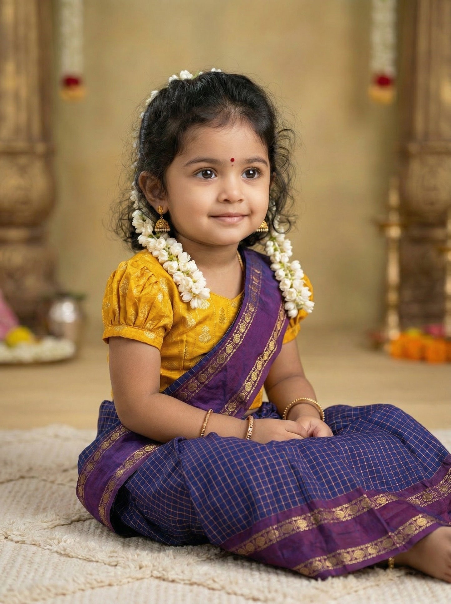 Blue checked with violet border muttukattam saree with yellow blouse  - Ready to wear saree for kids Ethnic wear for baby girl