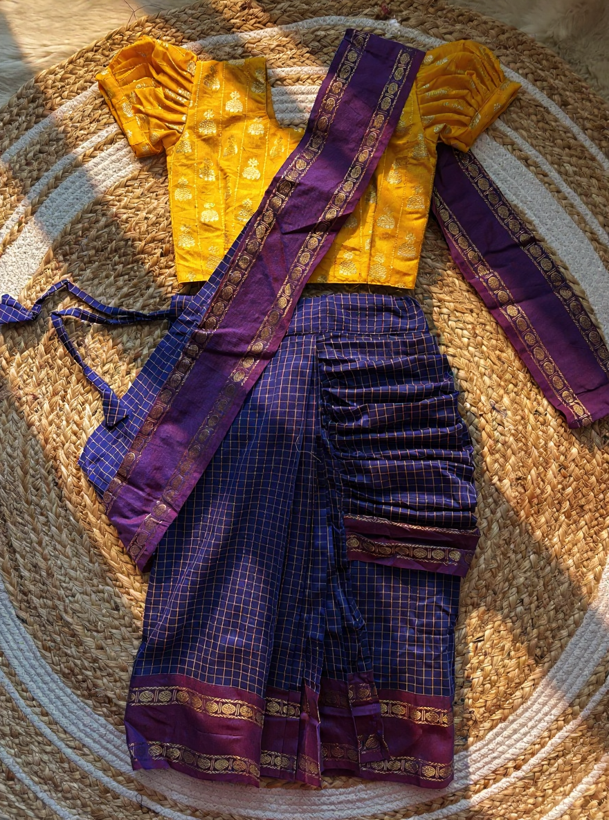 Blue checked with violet border muttukattam saree with yellow blouse  - Ready to wear saree for kids Ethnic wear for baby girl