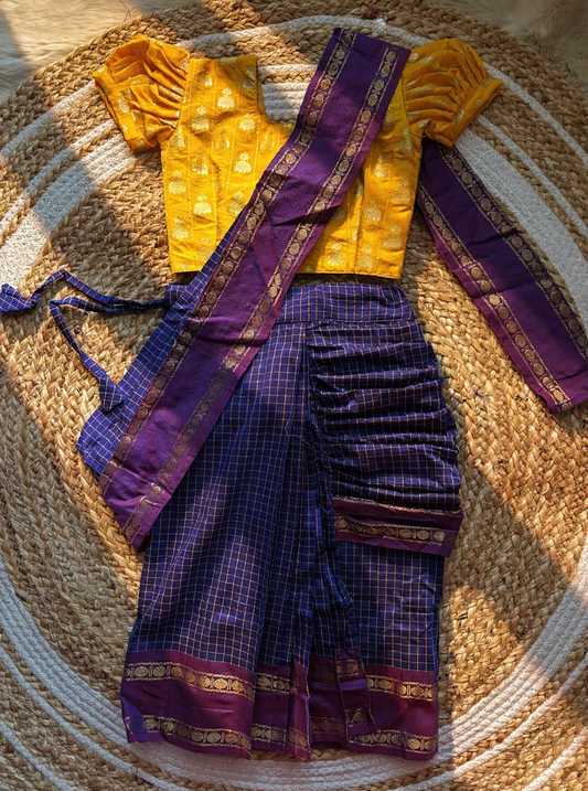 Blue checked with violet border muttukattam saree with yellow blouse  - Ready to wear saree for kids Ethnic wear for baby girl