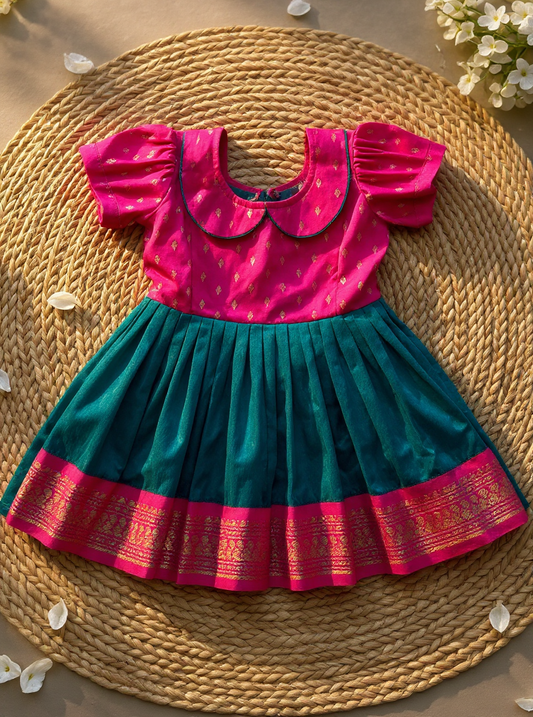 Peacock green with pink Retro Style Zari Border Ethnic Dress – Traditional Dress for Baby Girl