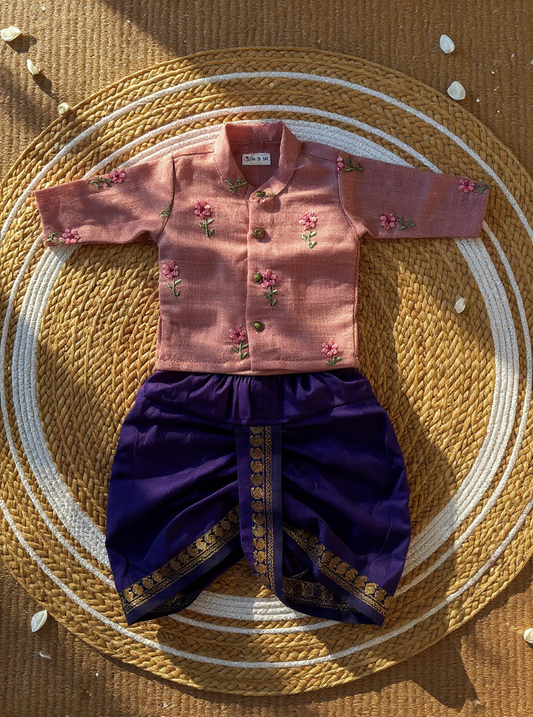 Pastel pink Linen and violet Kurta dhoti ethnic wear for baby boy