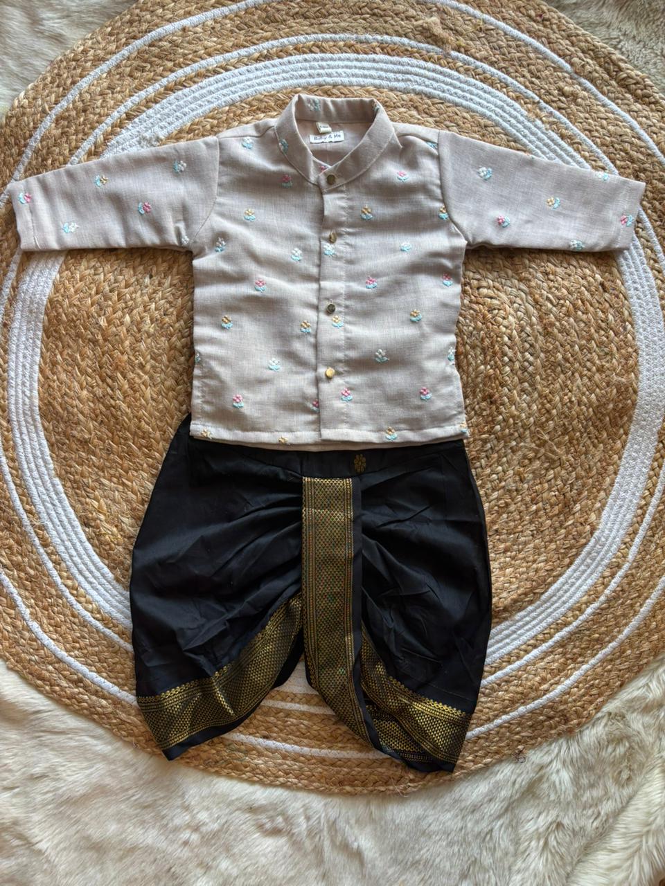 Light Grey Pure Linen Kurta and black Cotton Silk dhoti ethnic wear for baby boy