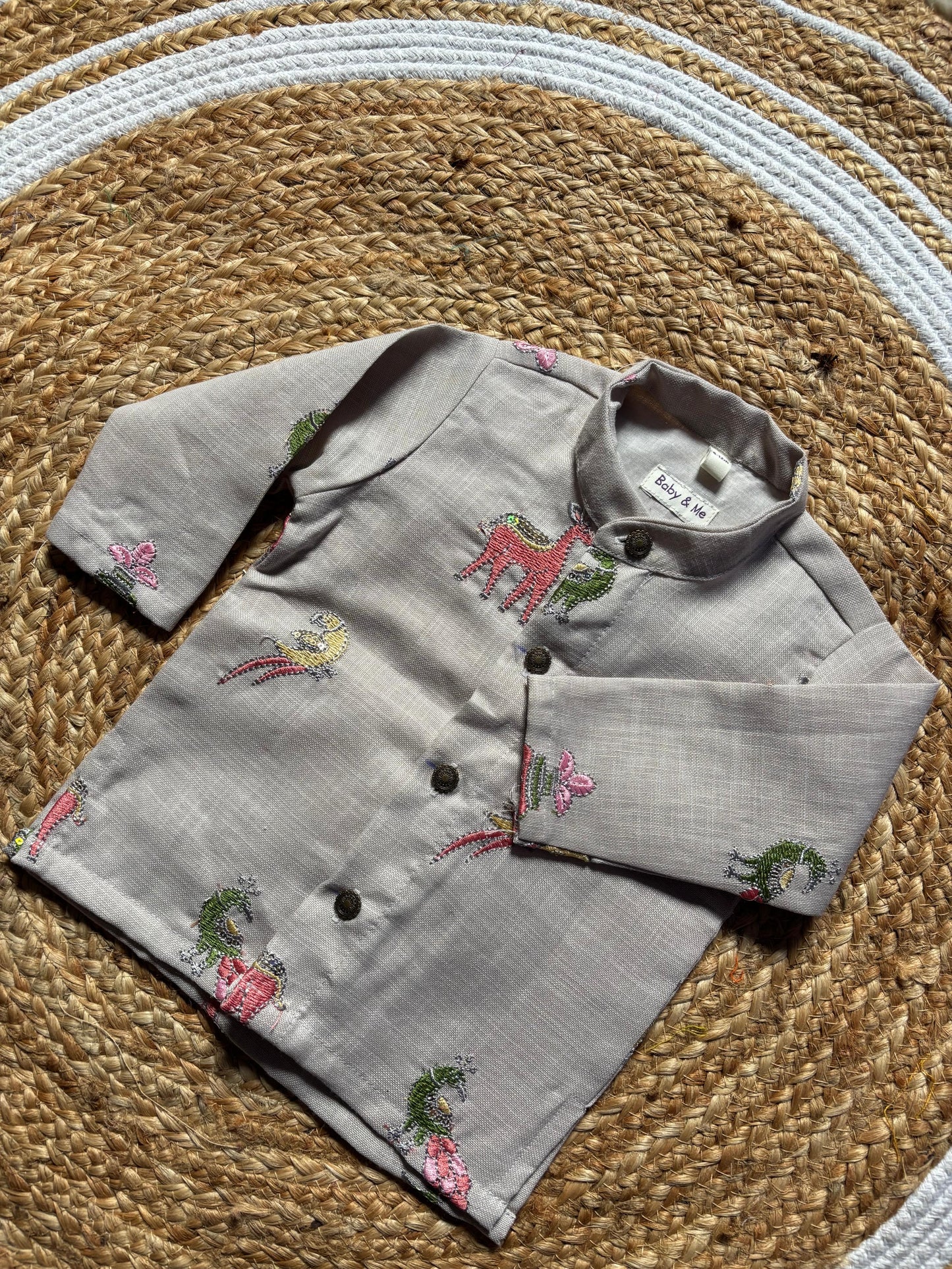 Misty grey animal print linen Kurta for baby boy ethnic top wear