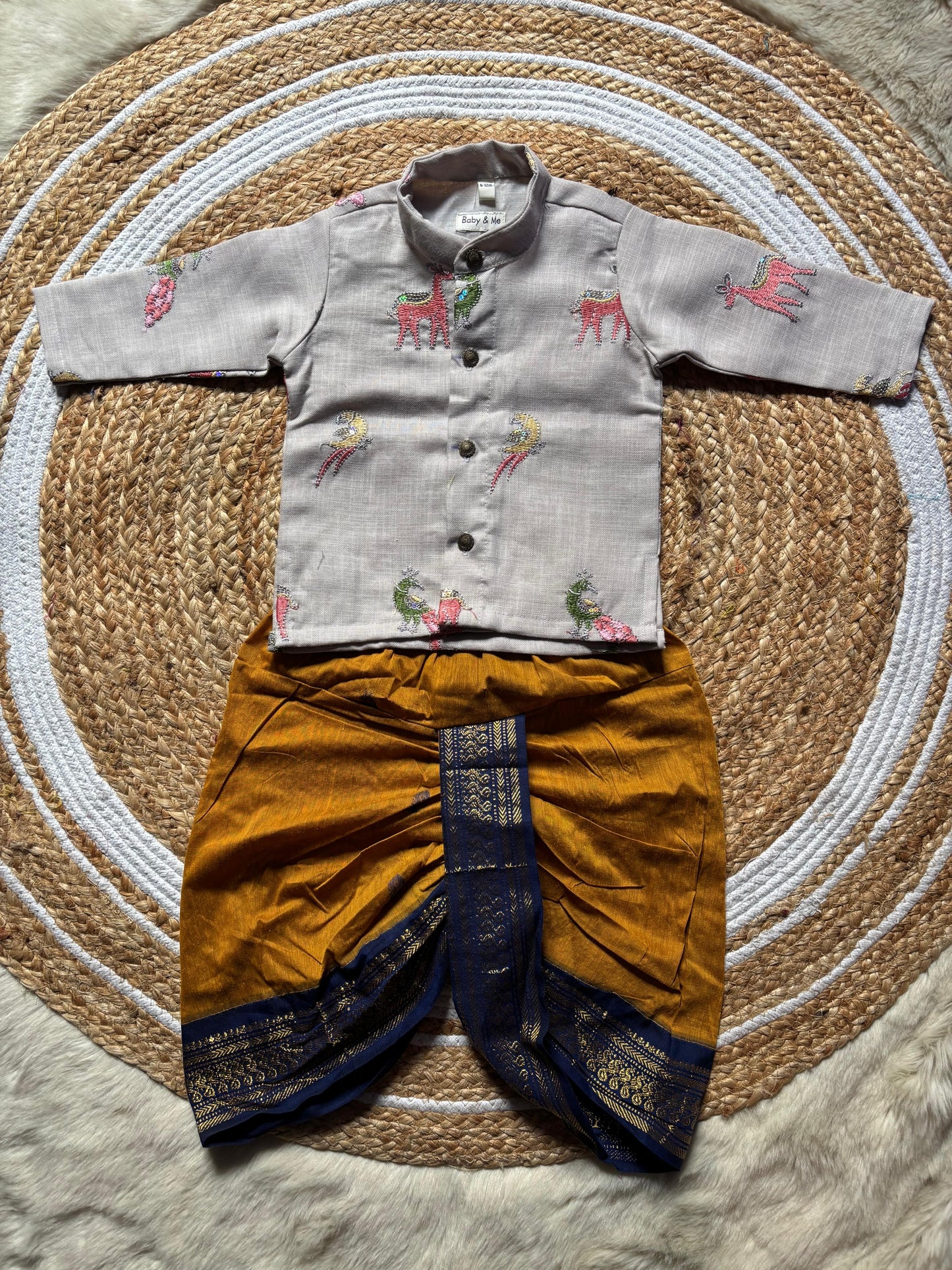 Misty grey Linen Kurta and Mustard yellow navy blue Cotton Silk dhoti ethnic wear for baby boy