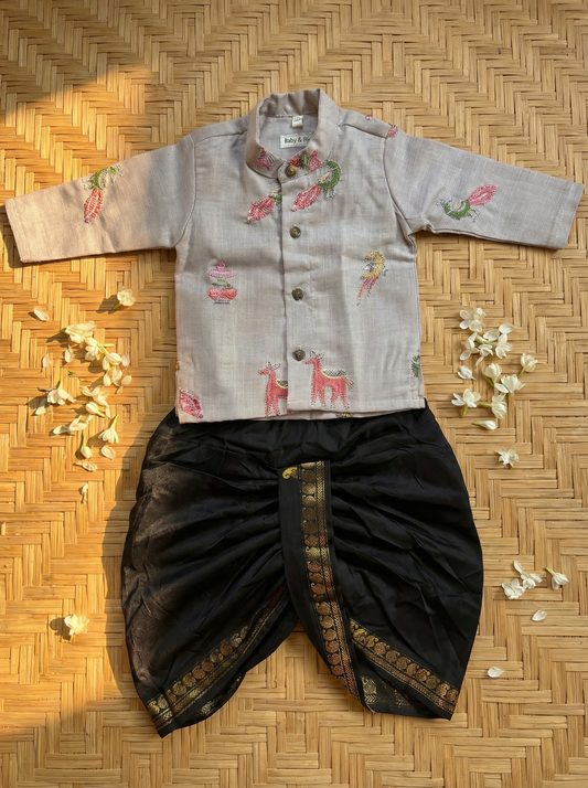 Misty grey Linen Kurta and Black mango design Cotton Silk dhoti ethnic wear for baby boy