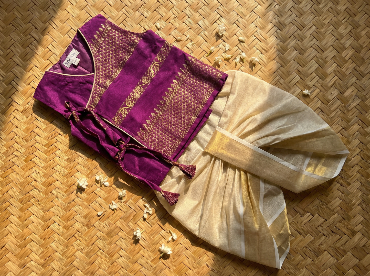 Royal Wine Angrakha Kurta with Reshme Beige Gold dhoti - Cotton Silk Ethnic Wear for baby boy