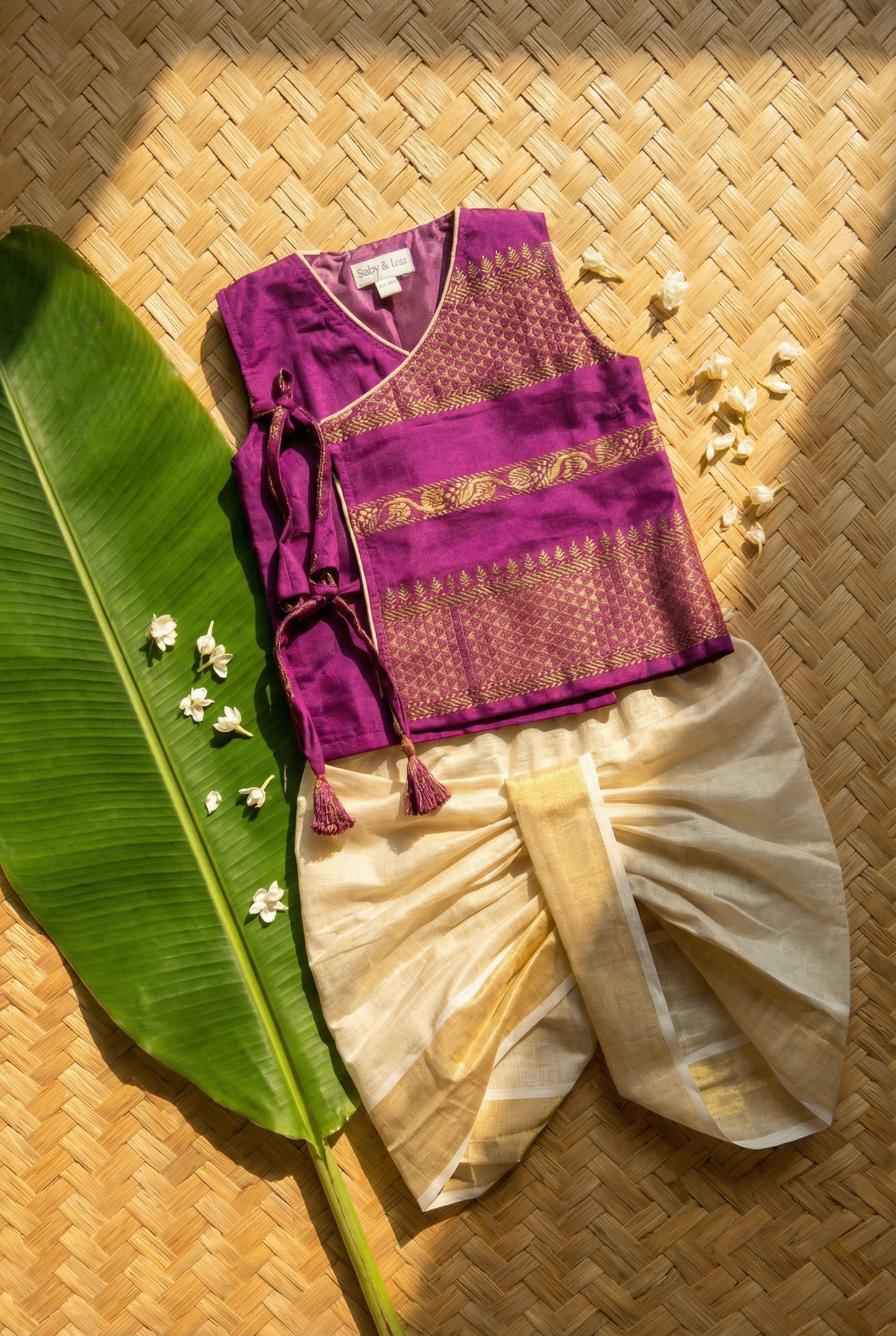 Royal Wine Angrakha Kurta with Reshme Beige Gold dhoti - Cotton Silk Ethnic Wear for baby boy