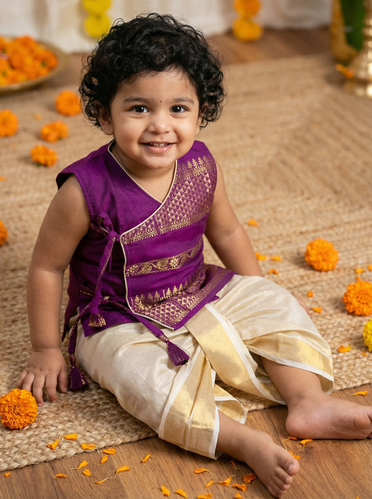 Royal Wine Angrakha Kurta with Reshme Beige Gold dhoti - Cotton Silk Ethnic Wear for baby boy